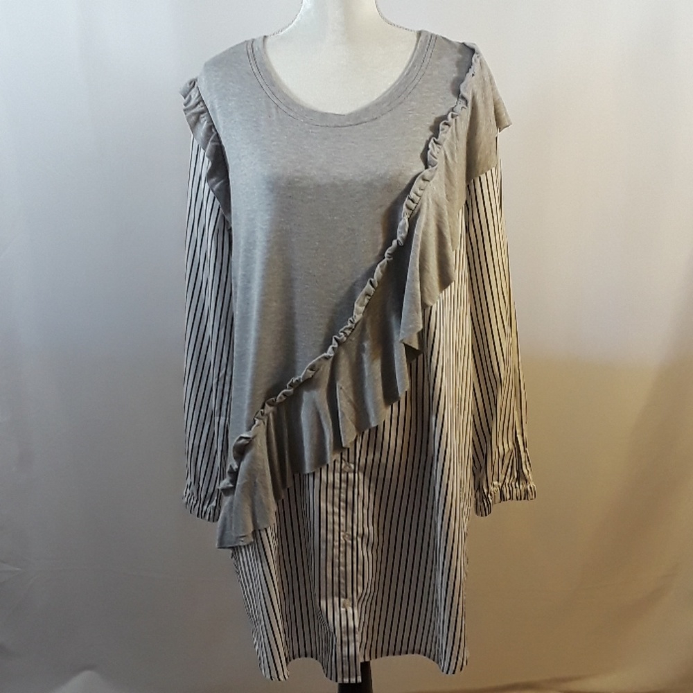 Kensie Knit Ruffle Striped Shirtdress